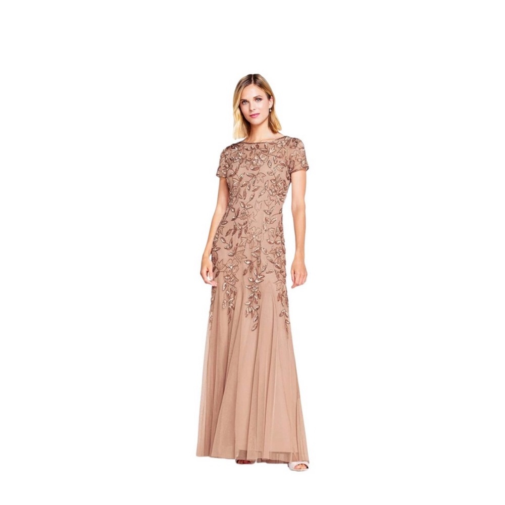 Adrianna Papell Women Floral Hand Beaded Formal Evening Godet Gown Rose Gold 16W
